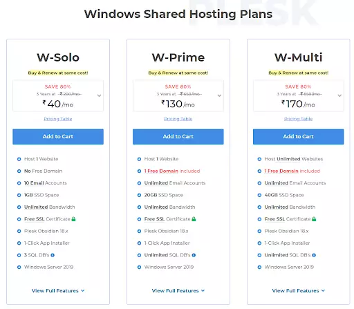 Milesweb windows shared hosting plans